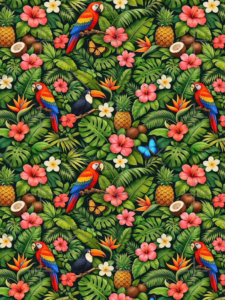 Tropical Jungle Illustration with Parrots and Flowers by juthamas8426
