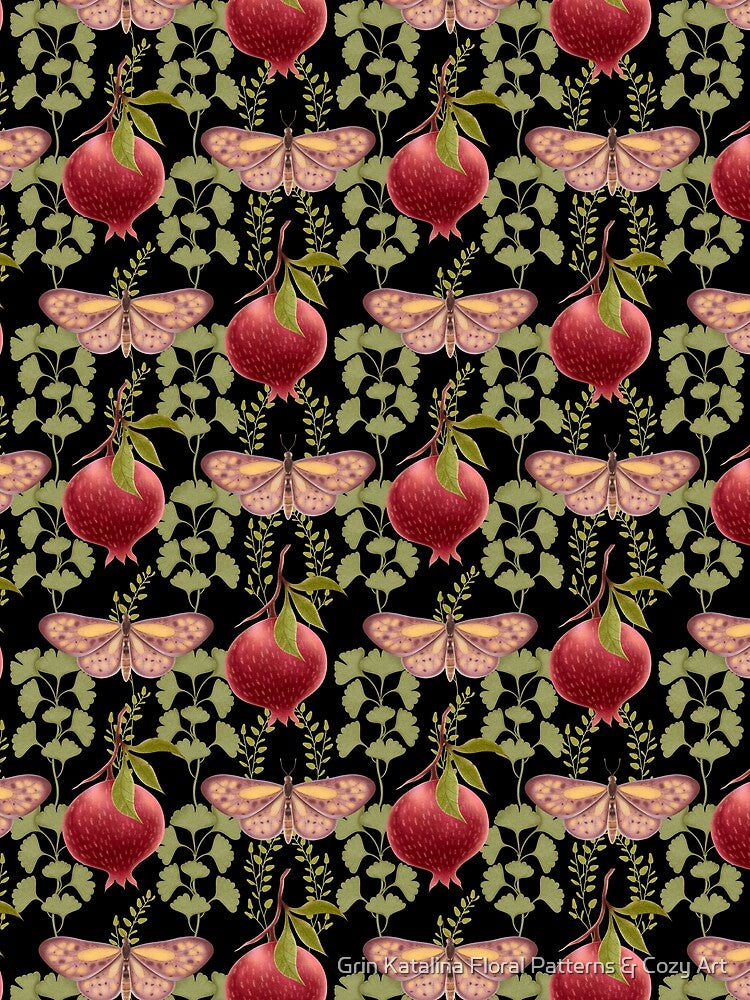 Original hand-drawn pomegranate and butterfly illustrations and the resulting composite seamless pattern. by Grin Katalina Floral Patterns & Cozy Art