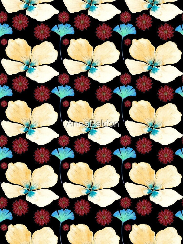 black botanical pattern yellow flower and gingko leaf by AnnaBaldon
