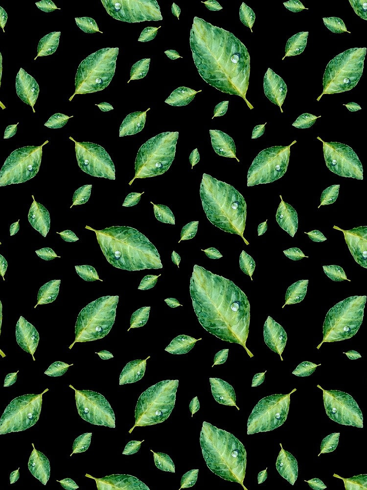 Green leaf with drop a seamless pattern black by Yana Mustafina | Boho Soulful Designs