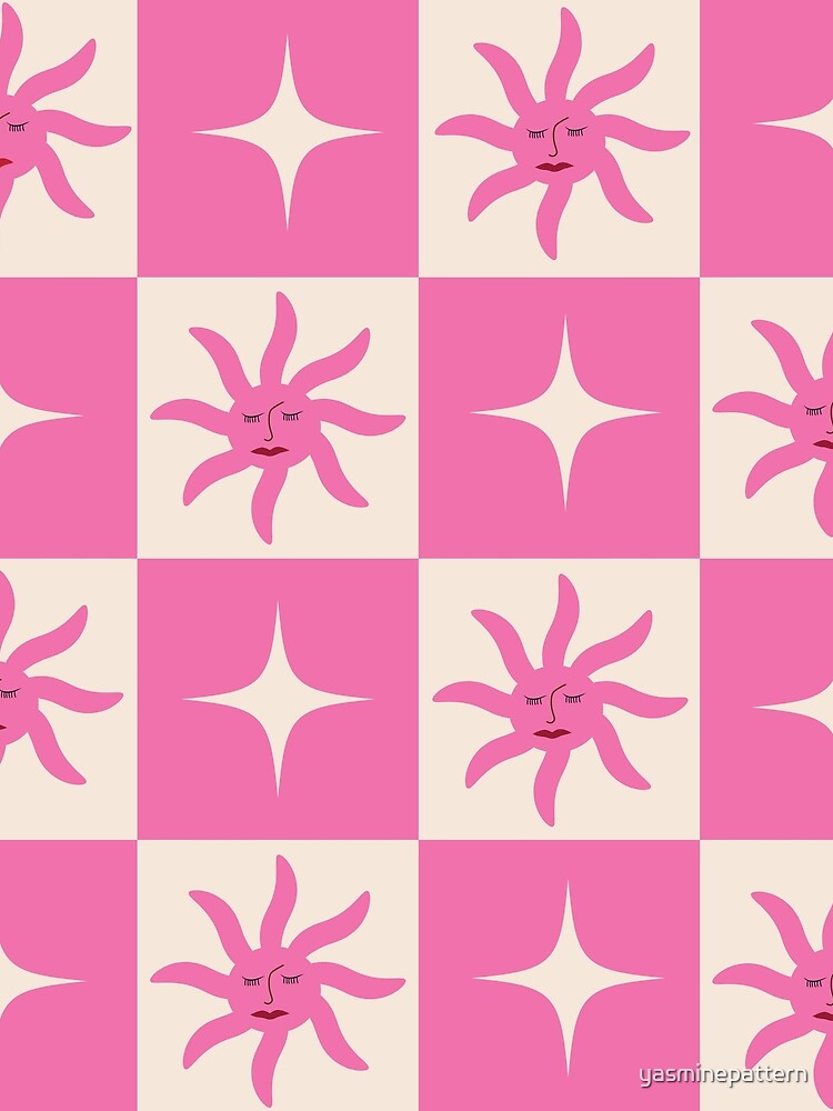 Checkered pink boho sun and stars pattern by Yasminepatterns