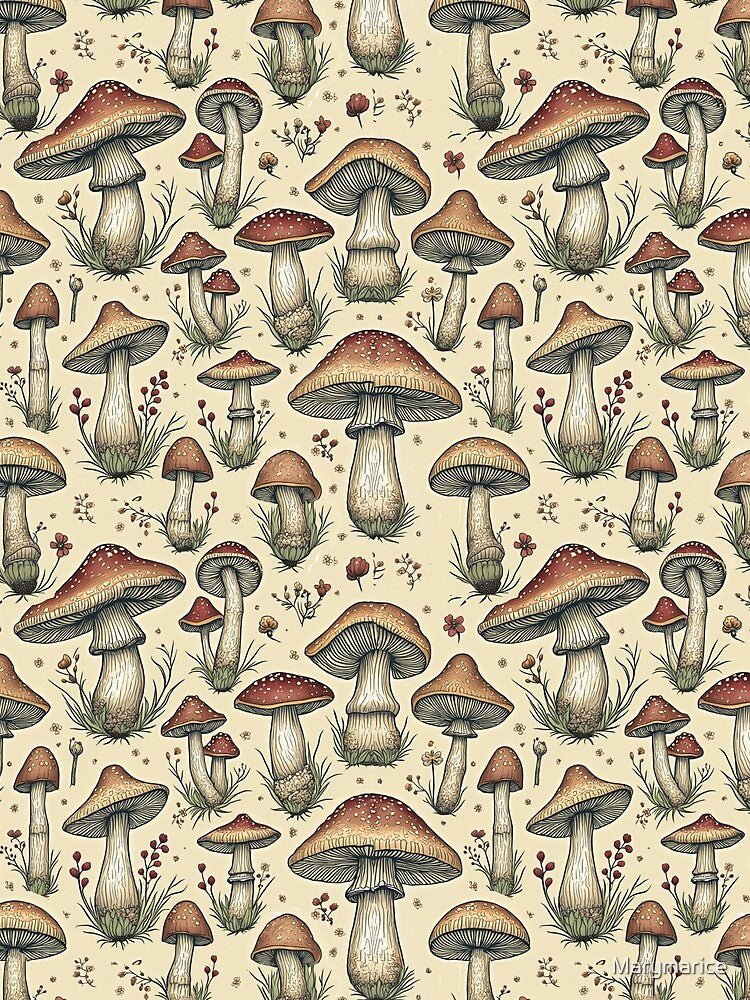 Botanical Pattern of Mushrooms in Brown and Beige by Marymarice