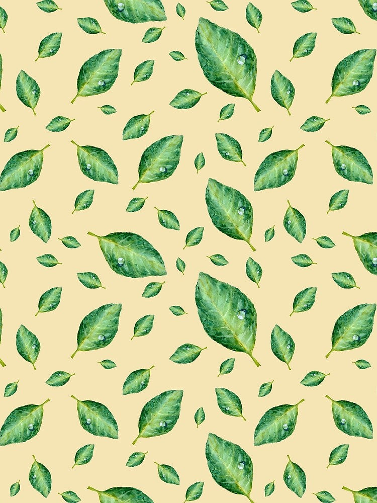 Green leaf with drop a yellow seamless pattern by Yana Mustafina | Boho Soulful Designs