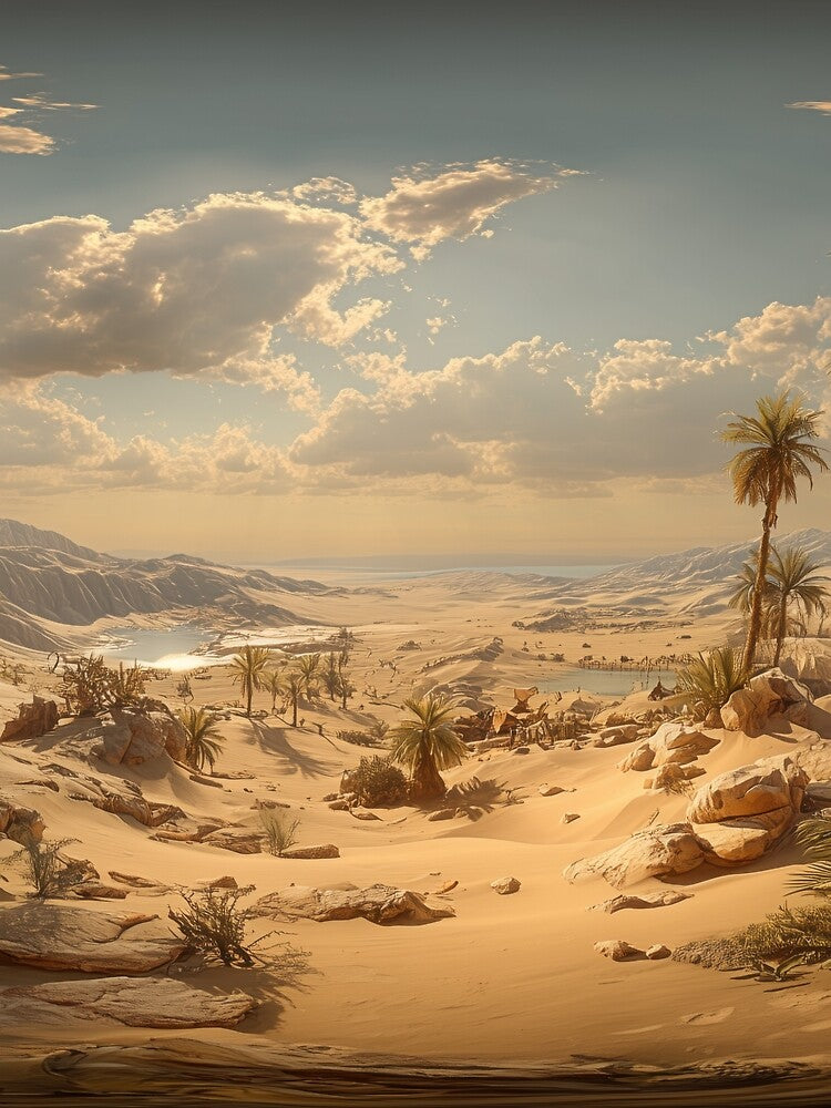 Golden Desert Oasis Panorama – Warm Sand Dunes & Palm Trees Landscape Art by nadrune