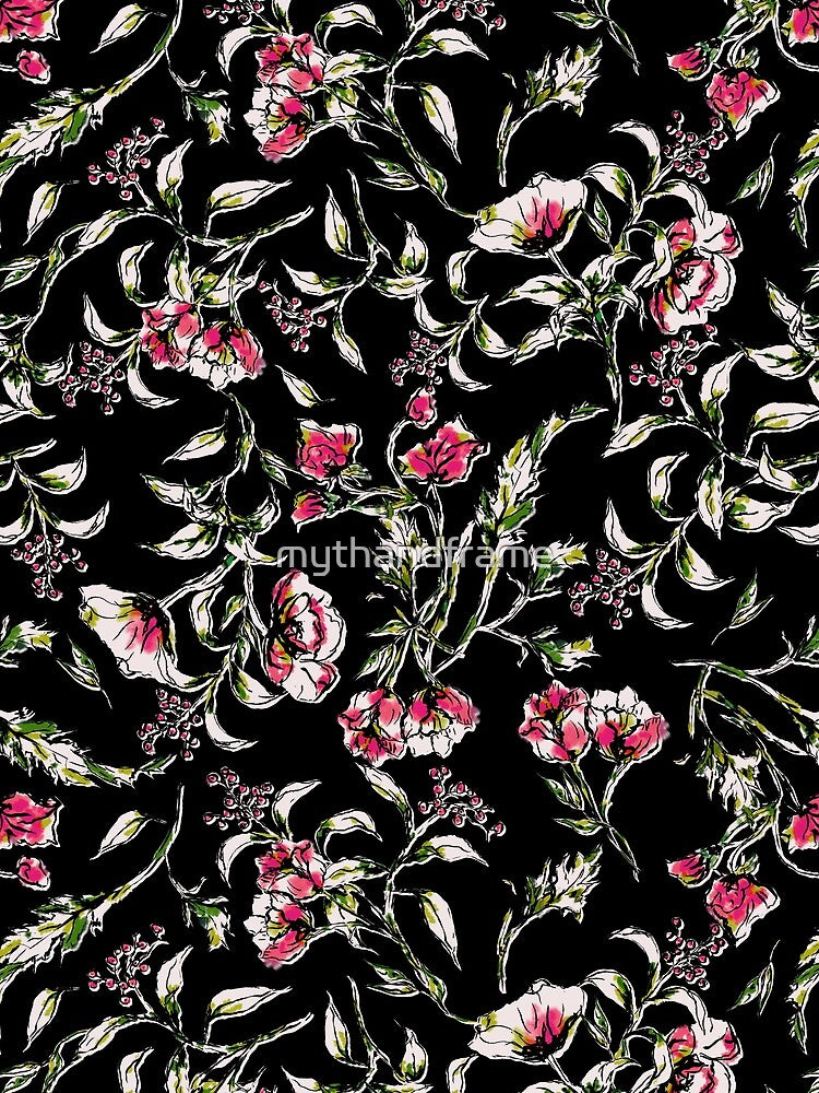Black floral hand drawn pattern with a vintage feeling by mythandframe