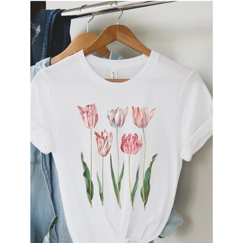 flowers and plants Printed T-shirts, casual T-shirts with short sleeves and spring and summer fashion Women's tops...