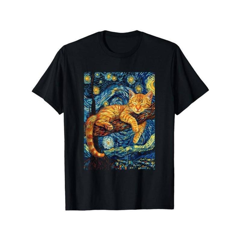 funny vintage graphic Cat Lover's Dream: 100% Cotton T-Shirt with Van Gogh-Inspired Starry Night Cat Print Hoodie Sweatshirt