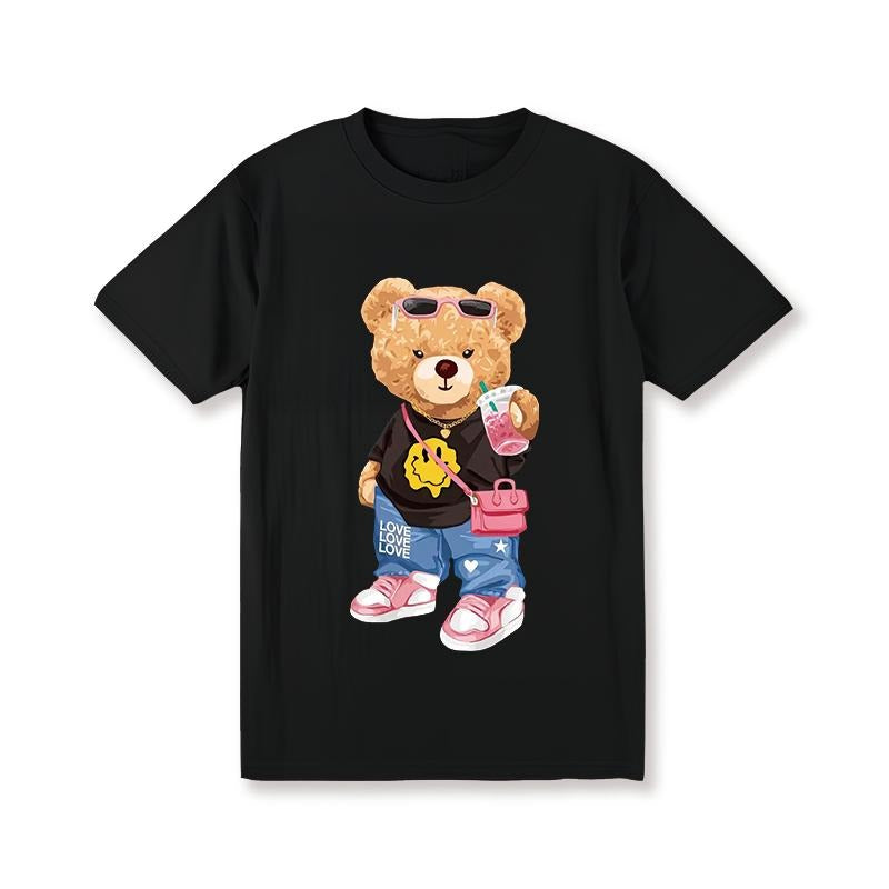 kawaii Little Bear Print T-shirt Short Sleeve Crew Neck Casual Top for Summer Spring Women's Clothing Shirt Hoodie Sweatshirt