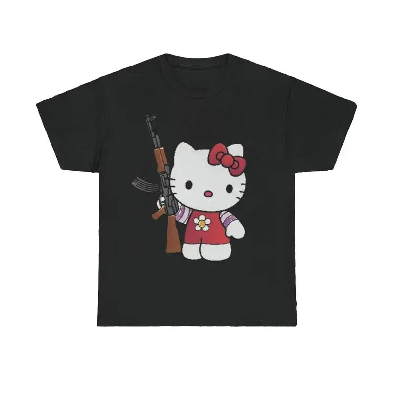kitty ak47 t shirt emo scene grunge y2k amity affliction tapout kun Top Womenswear Underwear Lady Tshirt Streetwear...