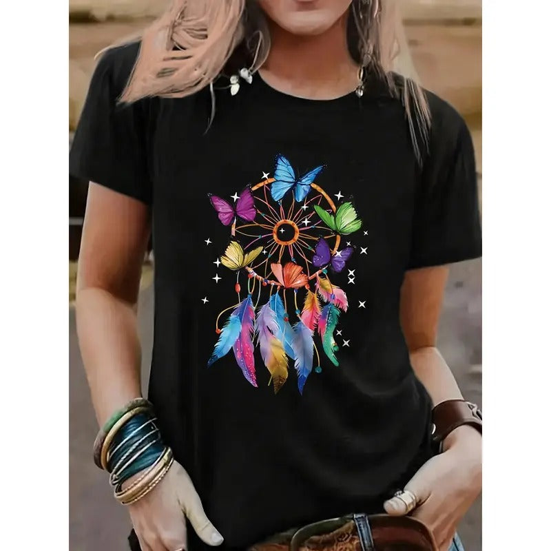 Butterfly Print Casual T-shirt, Polyester Blend Crew Neck Short Sleeve Tee for Women, Regular Fit, All Season, 180g/m²...