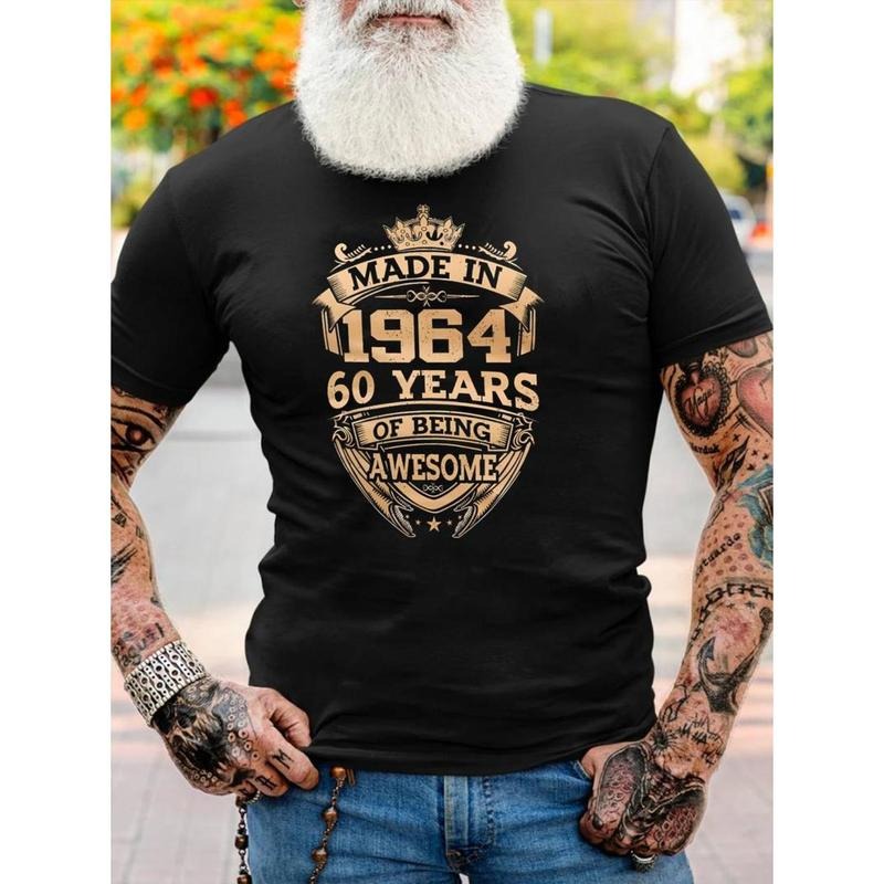 men gifts MADE IN 1964 60 YEARS Print, Men's Comfy T-shirt, Casual Fit Tees For Summer, Men's Clothing Tops For Daily Activities Menswear Graphic