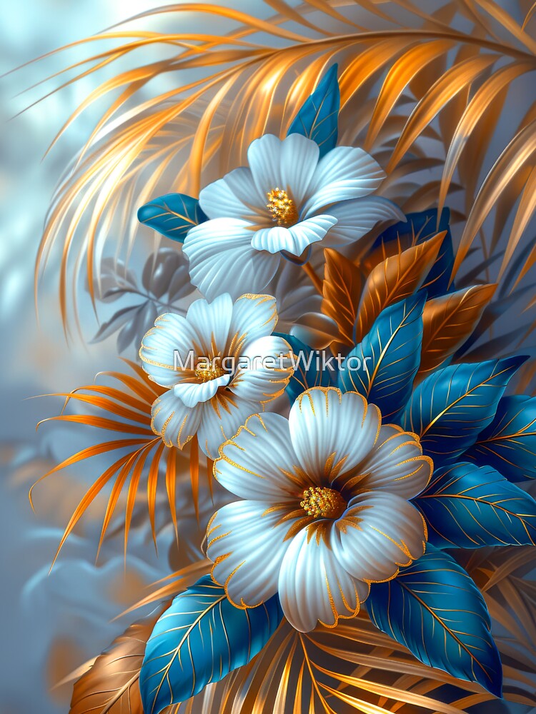 Blue and Gold Tropical Flowers by MargaretWiktor