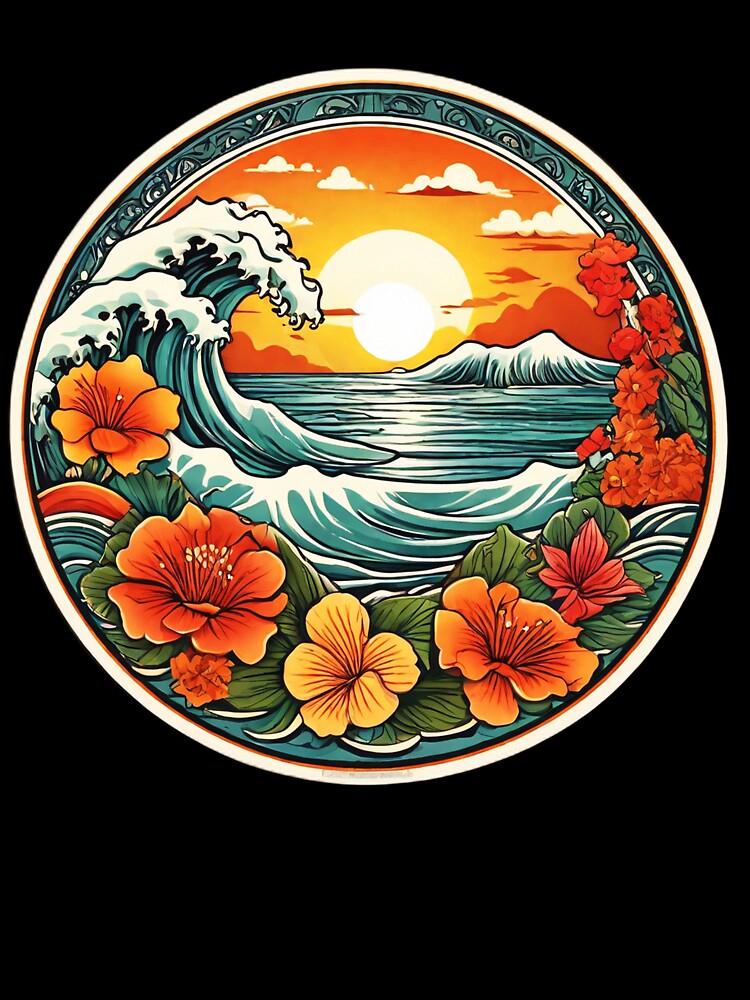 Hawaiian Sunset and Ocean Waves with Orchids by NautiChic