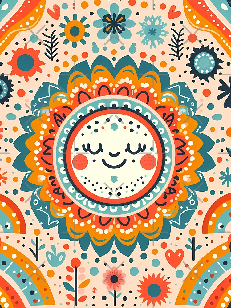 Scandinavian Folk Art Cute Smiling Sun Face by heidiannemorris © by FOLK ART FUSION by heidiannemorris