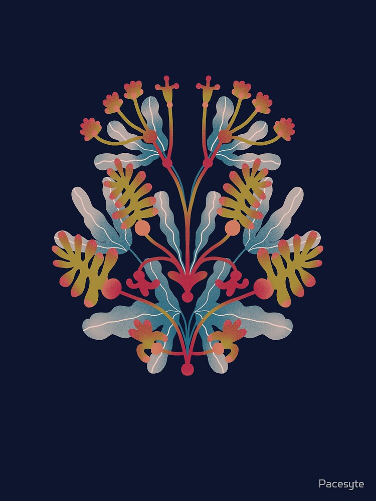 Symmetrical botanical composition in mustard and blue by Pacesyte