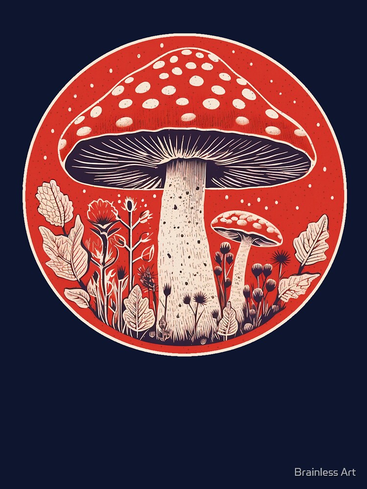 Retro Amanita Muscaria Red Mushroom with Wildflowers by Brainless Art