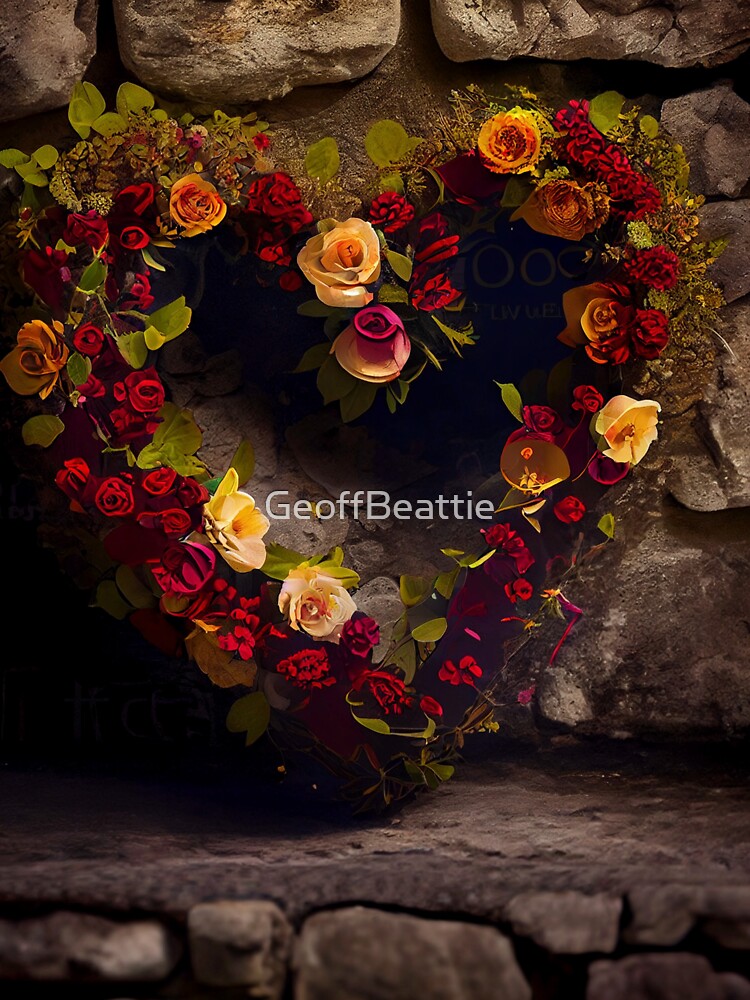 Floral heart ring design on a stone wall 8 both vintage and modern floral wallpaper background new for 2023 by GeoffBeattie