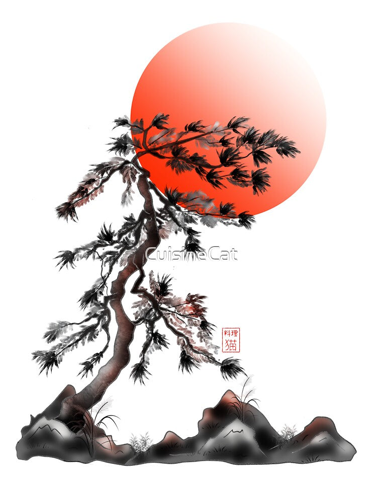 Rising sun with Japanese ink sumie style pine trees by CuisineCat