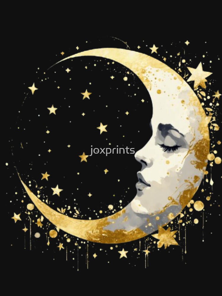 Golden Crescent Moon Face – Mystical Celestial Boho Art by joxprints