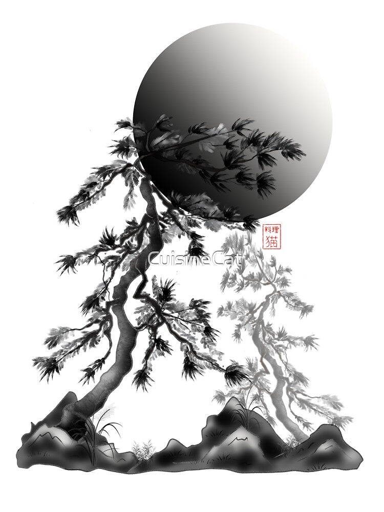Japanese sumie pine trees under a full moon by CuisineCat