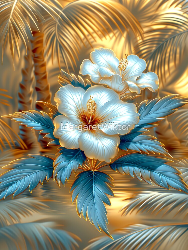 White  Blue and Gold Tropical Hibiscus Flowers by MargaretWiktor