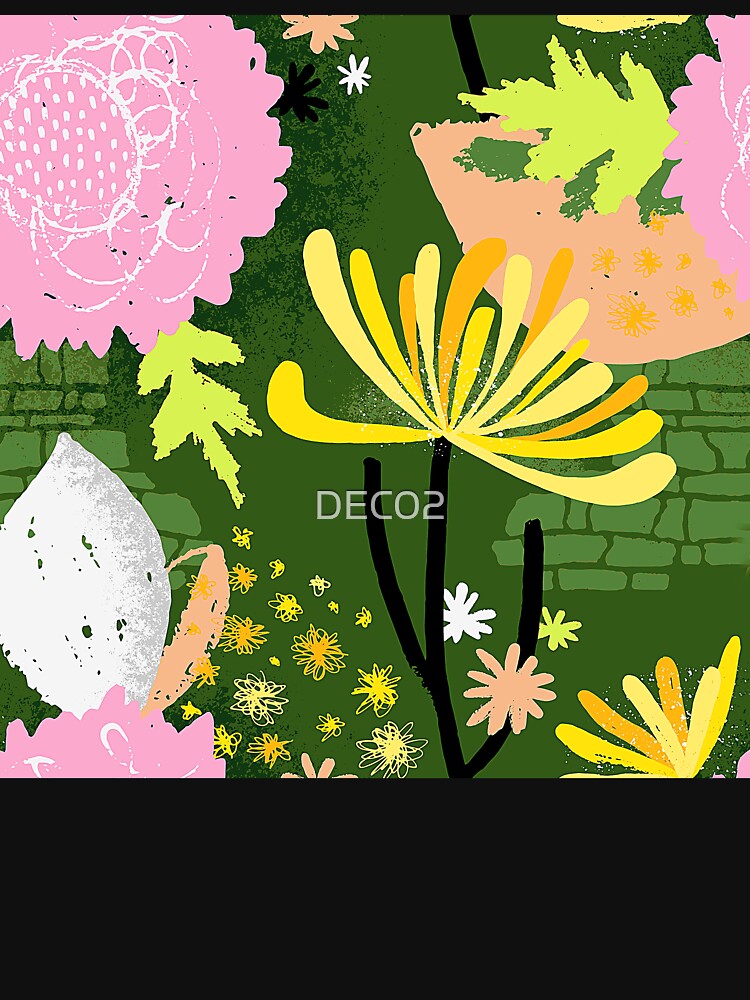 Pink, Green And Yellow Abstract Floral And Leaves by DEC02