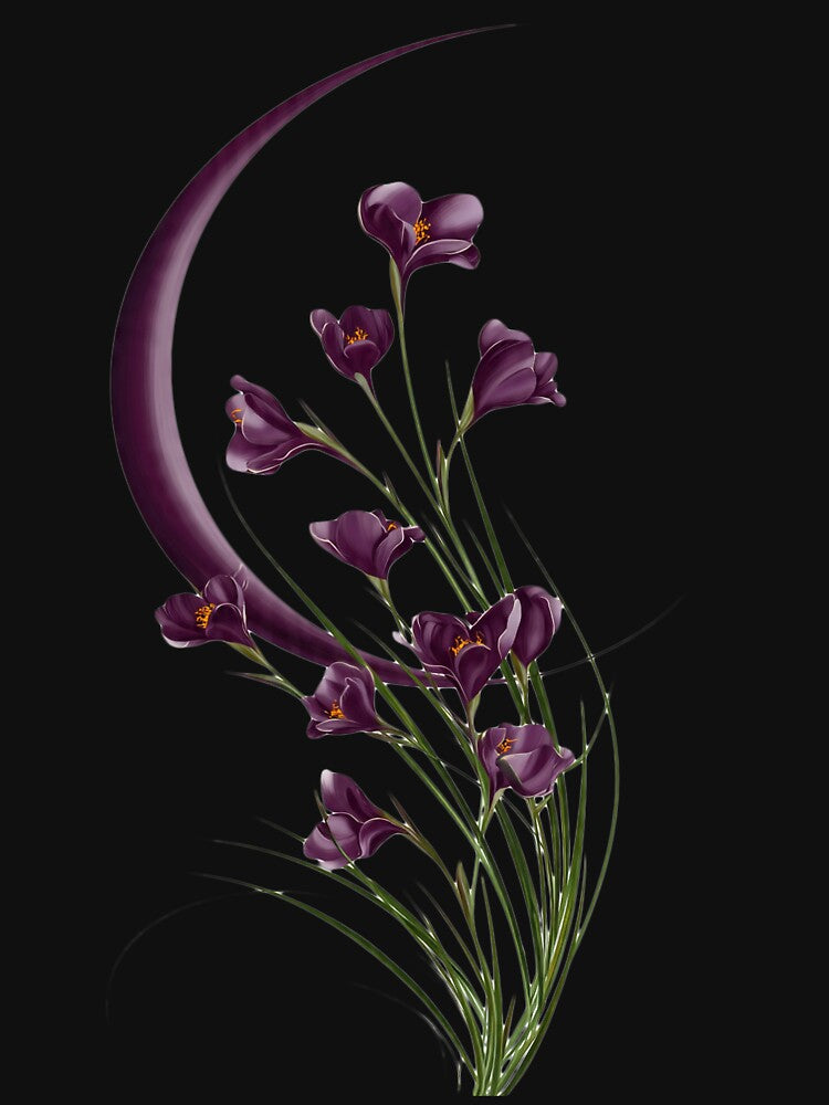 Plum Purple Crescent Moon Floral Art | Celestial Botanical Wildflower Illustration | Elegant Feminine Moon Decor by LunarStillCo