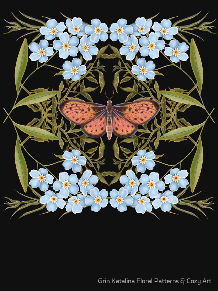 Botanical illustration with leaves, blue forget-me-not flowers and an orange butterfly by Grin Katalina Floral Patterns & Cozy Art