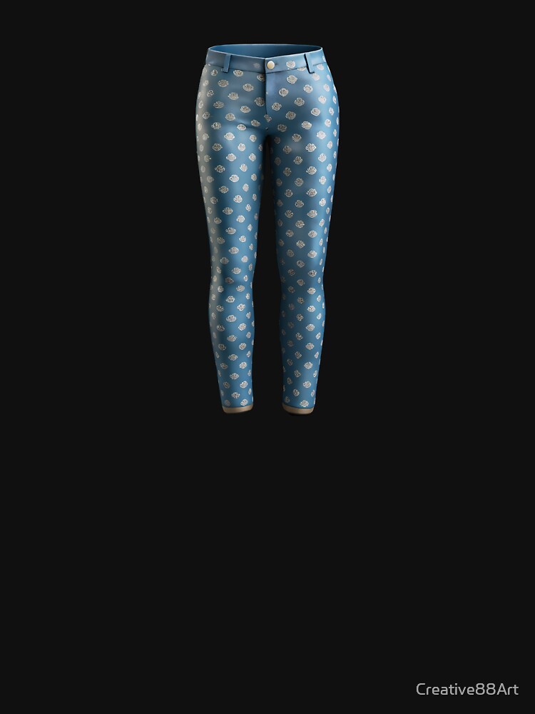 Slim fit blue trousers with white rose print and gold button by Creative88Art
