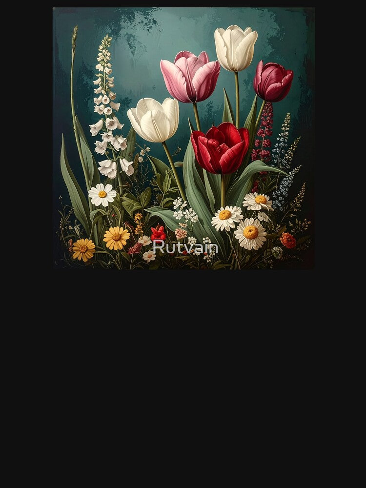 Vintage Tulips and Wildflowers Botanical Illustration by Rutvain