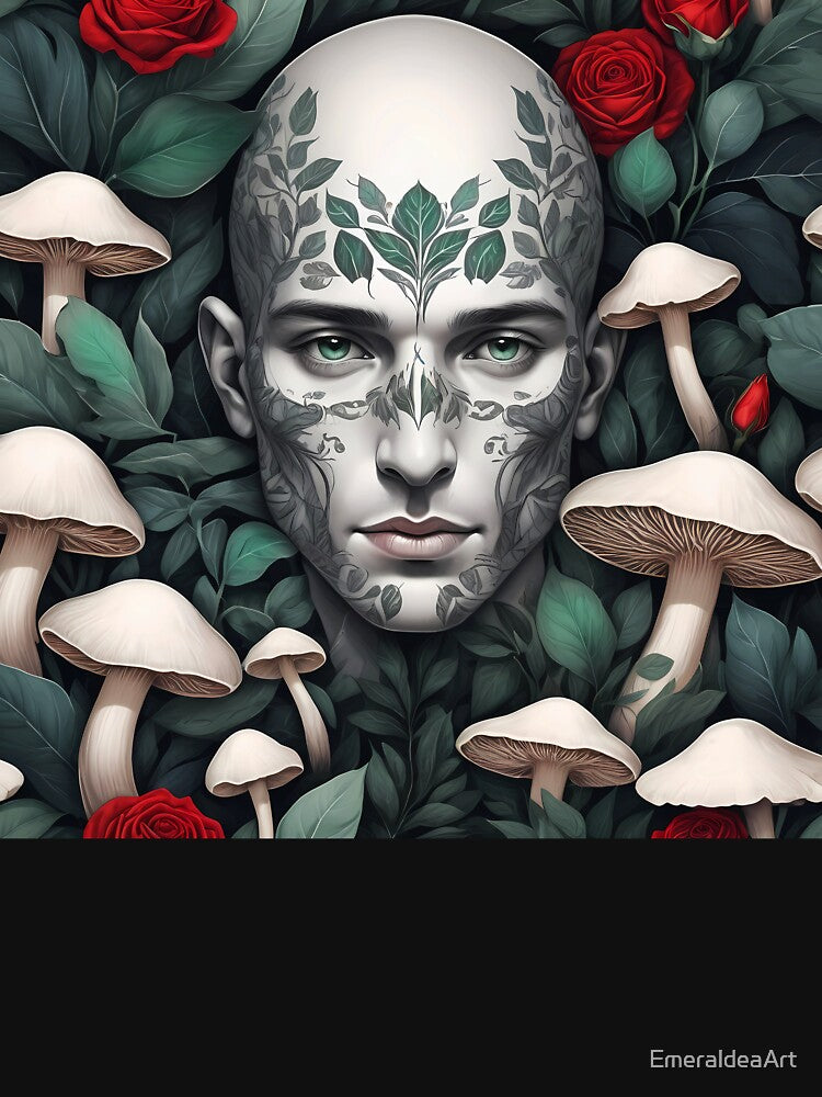 White bold man face Botanical art with funghi and red roses by EmeraldeaArt
