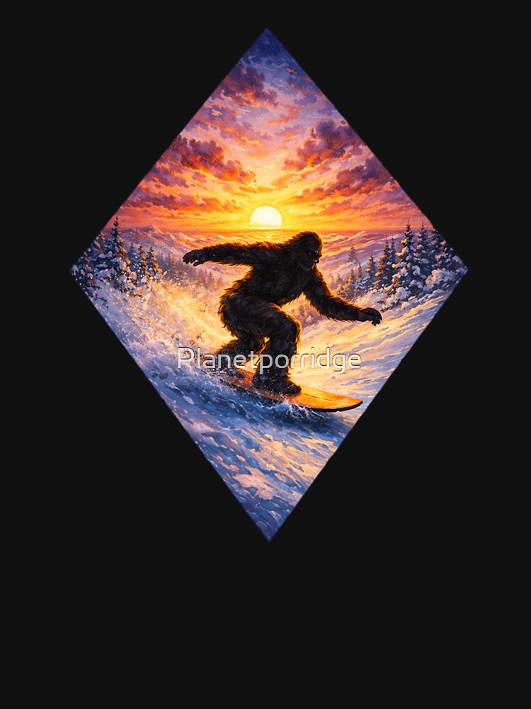 Bigfoot Snowboarding Sunset Art by Planetporridge