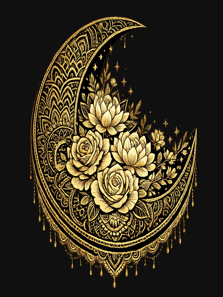 Golden Crescent Moon Floral Celestial Boho Design by LunarStillCo