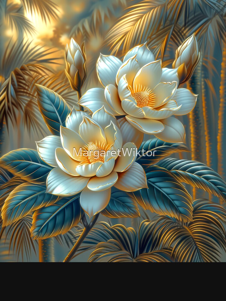White  Blue and Gold Tropical Flowers by MargaretWiktor