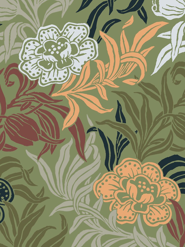 Art Nouveau Vintage Floral Botanical Woodblock Flower Pattern Green and Peach by kierkegaard