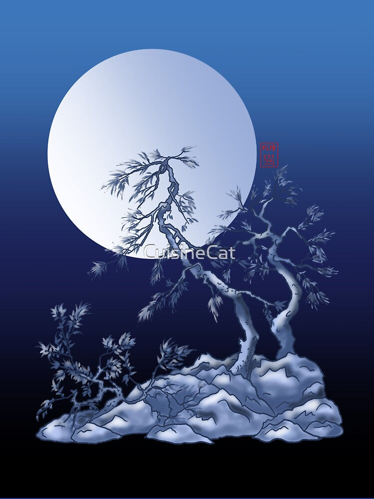 Japanese pine trees under a full moon by CuisineCat