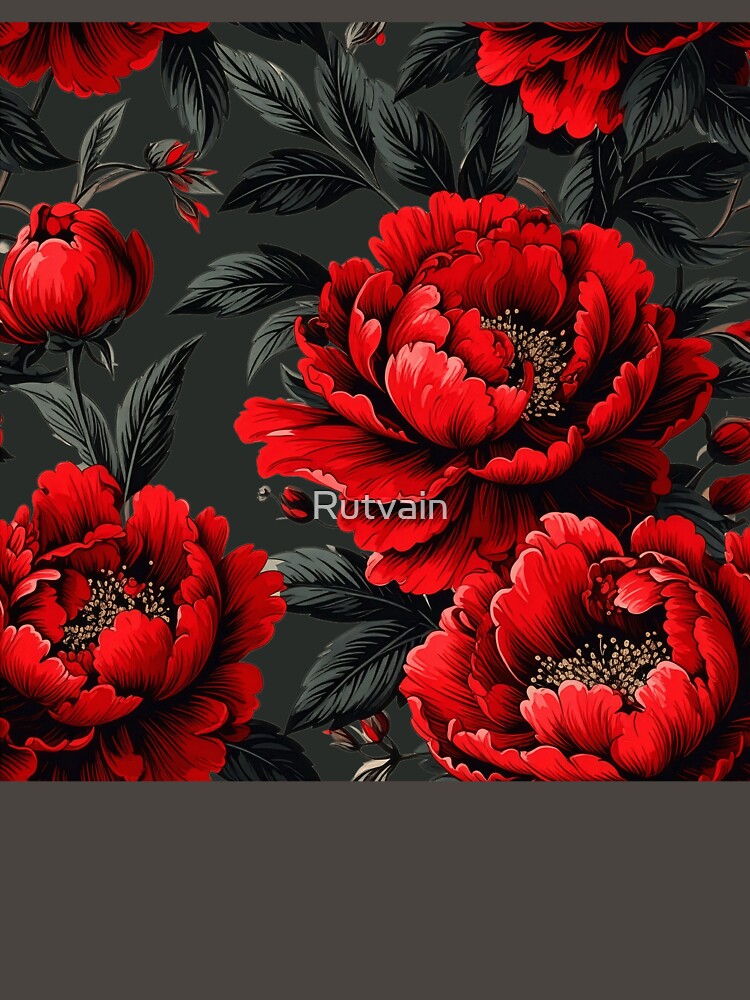 Dark Red Peony Floral Pattern Vintage Style by Rutvain