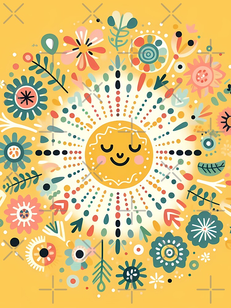 Yellow Smiling Sun Intricate Nordic Radiance - Scandinavian Folk Art by heidiannemorris © by FOLK ART FUSION by heidiannemorris