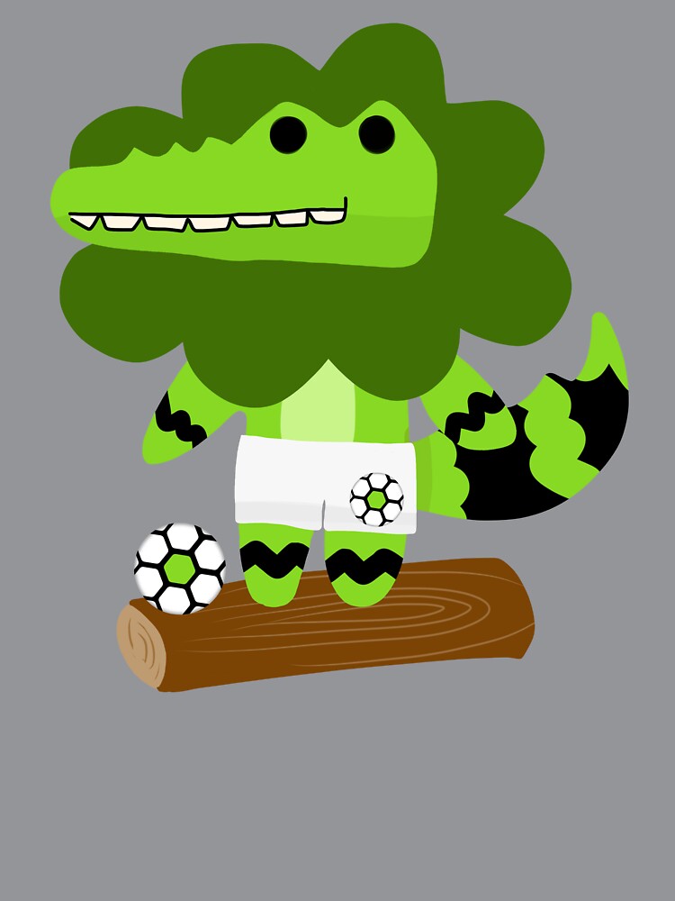 Cartoon Soccer Crocodile Mascot with Ball on Wooden Log by MigWhimsy