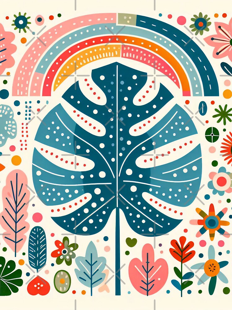 Blue Monstera Leaf Rainbow Vibrant Tropical Bloom - Scandinavian Folk Art by heidiannemorris © by FOLK ART FUSION by heidiannemorris