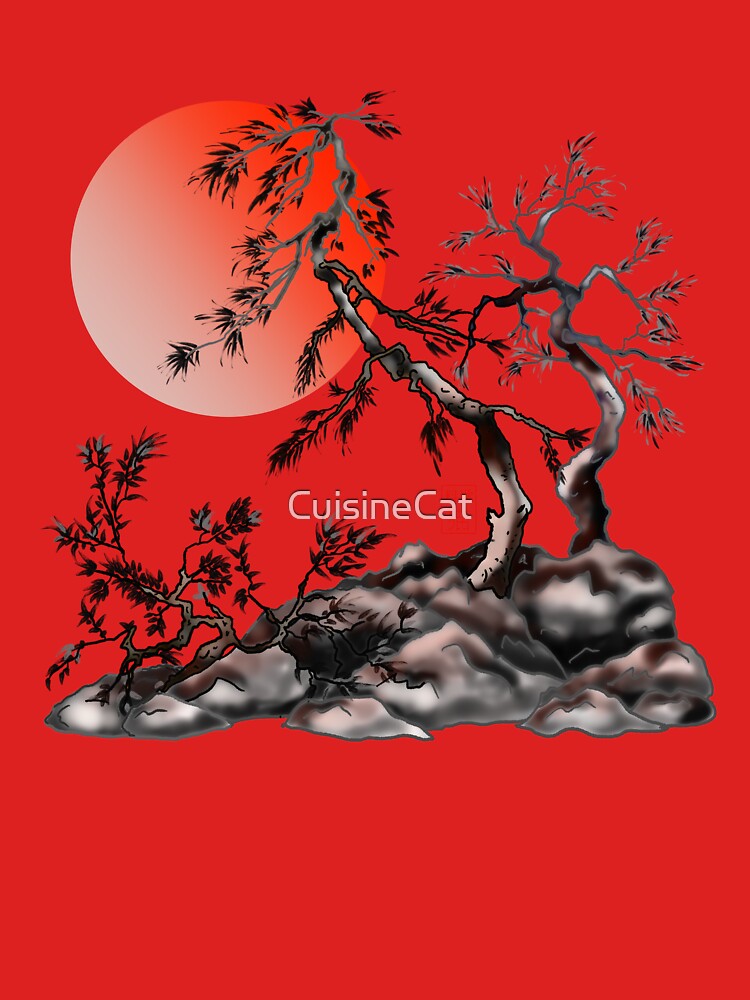 Japanese pine trees under a red rising sun by CuisineCat