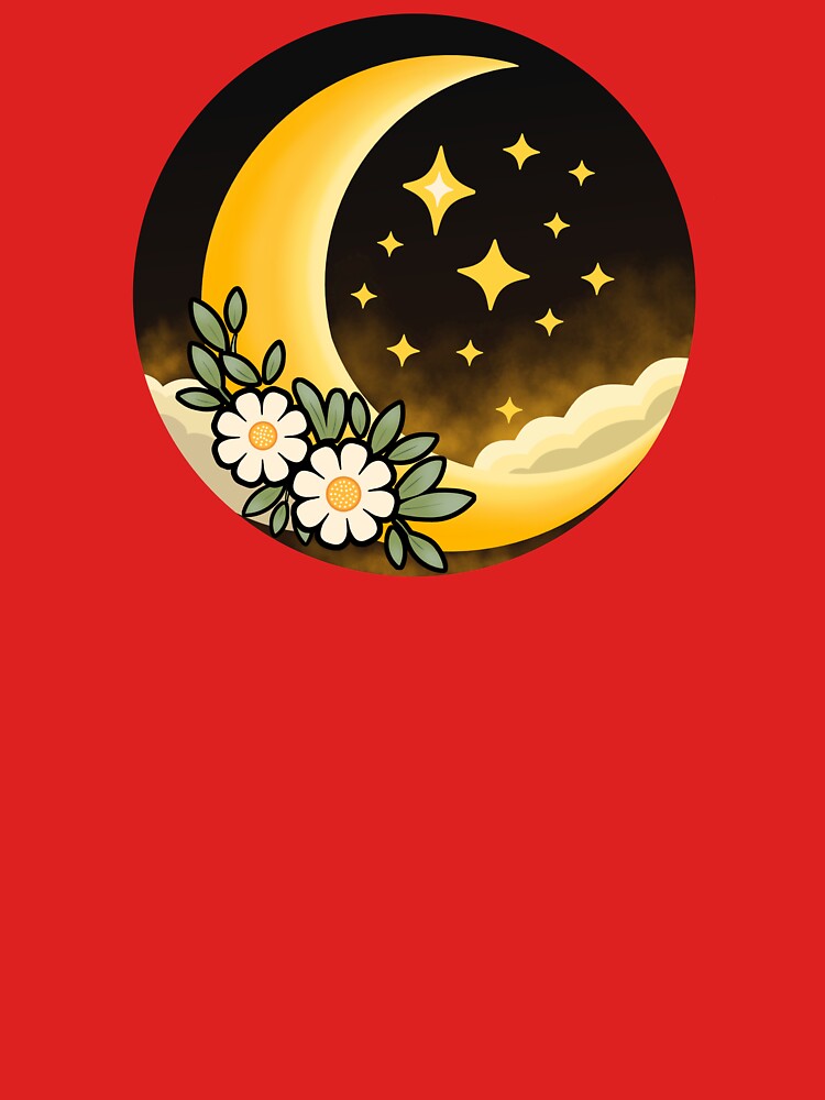 Golden Crescent Moon with Daisies – Celestial Boho Night Sky Design by RitaRuni1992