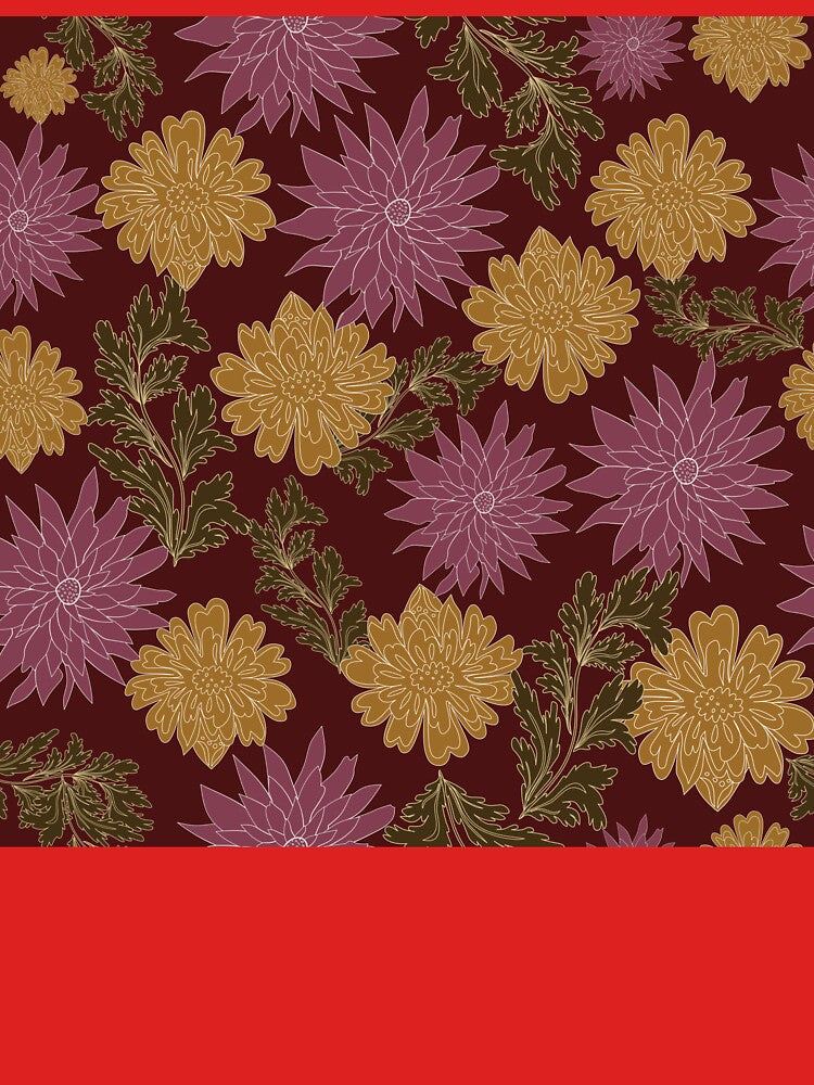 A seamless vintage floral pattern in deep warm tones, featuring classic flowers illustrated in rich shades of dark brown, brick red, copper, and muted cream by Line-Aura
