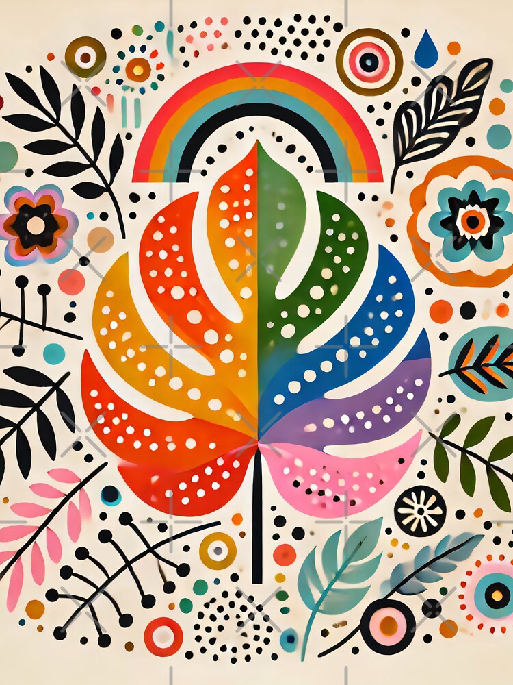 Rainbow Monstera Folk Art Vibrant Tropical Bloom - Scandinavian Folk Art by heidiannemorris © by FOLK ART FUSION by heidiannemorris