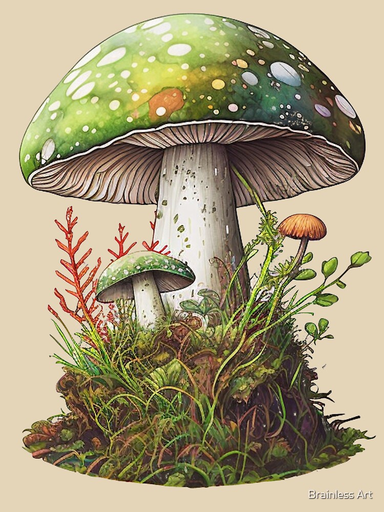 Watercolor Green Forest Mushroom by Brainless Art