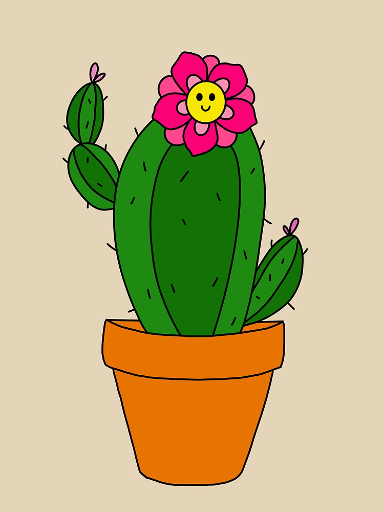 Cute Cactus Design #169: Cactus With Cute Pink Flower In Terra-cotta Pot by DreamCactus