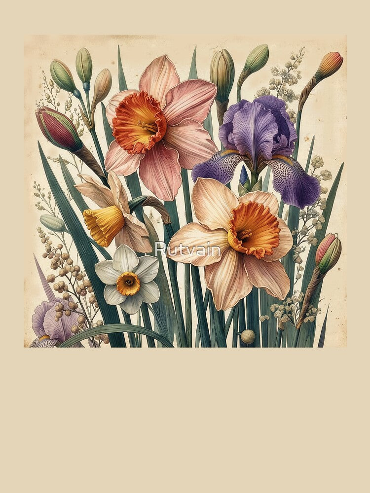 Vintage Narcissus and Iris Botanical Illustration by Rutvain