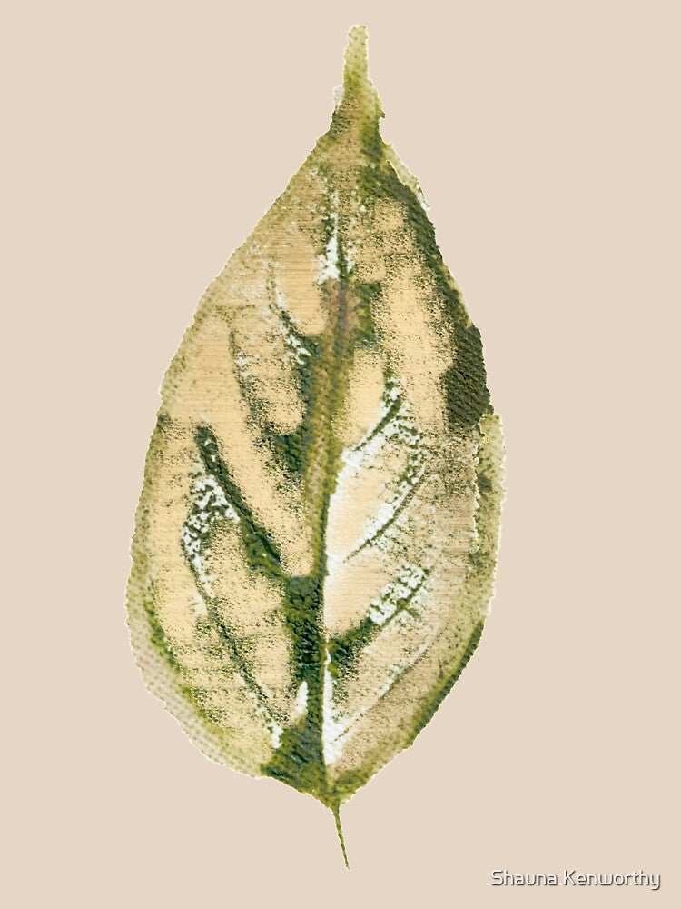 Golden watercolor leaf on cream and green background by Shauna Kenworthy