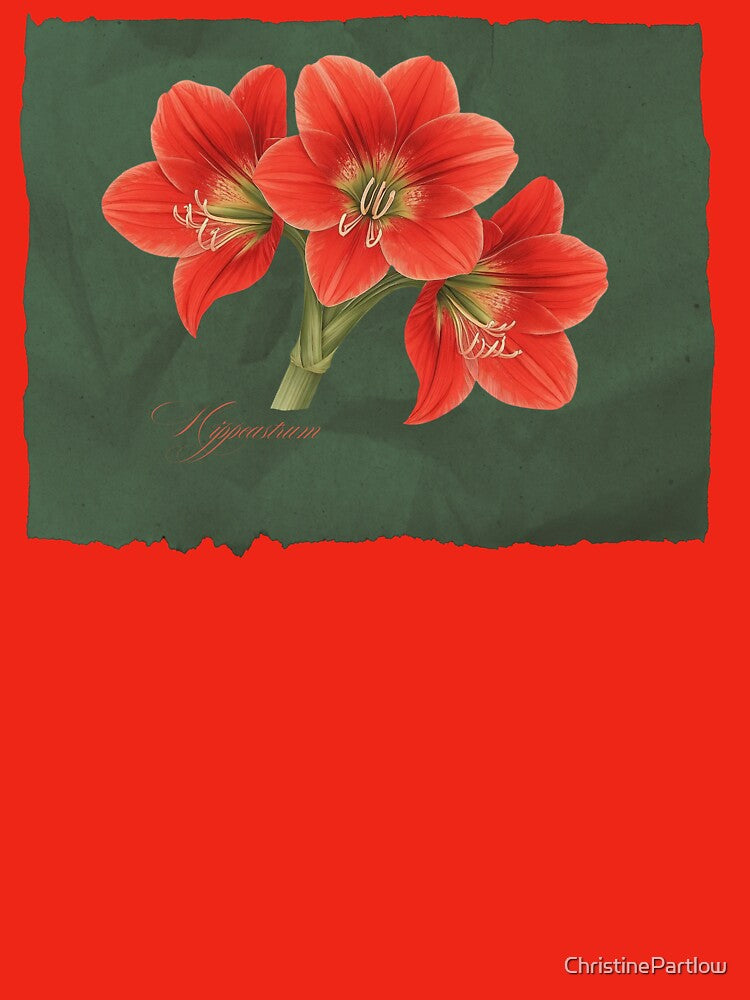 Hippeastrum | Botanical Illustration with Script on Green Textured Background by ChristinePartlow