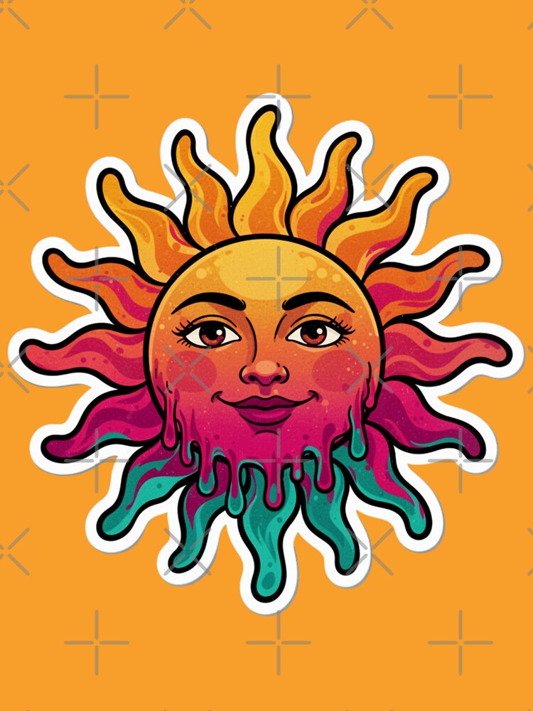 Melting Sun Face Sticker — Psychedelic Retro Groovy Sun by magiquecreations